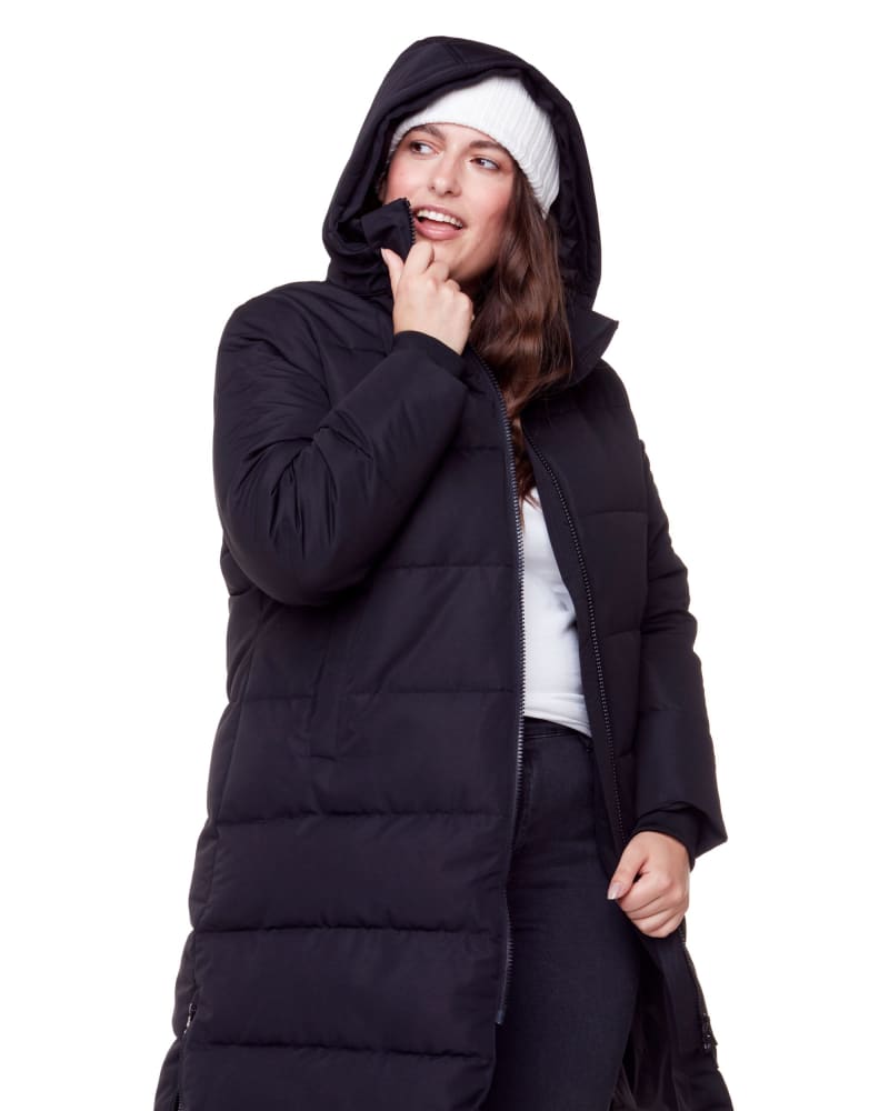 Front of a model wearing a size 1X Vegan Down Ultra Long Length Parka in BLACK by Alpine North US. | dia_product_style_image_id:279112